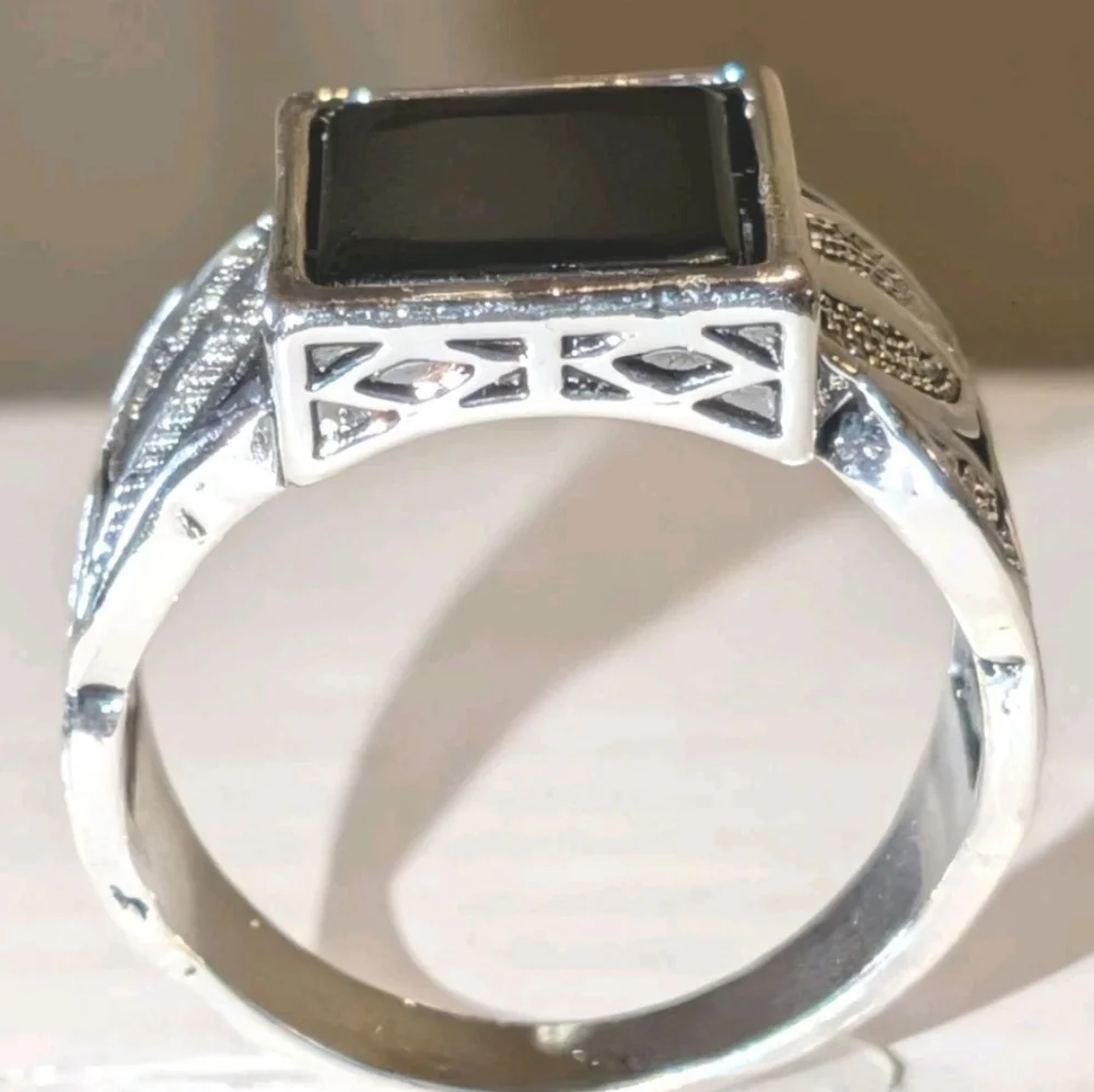 14k White Gold Plate Over Sterling Silver Turkish Gemstone Black Onyx Men's Ring